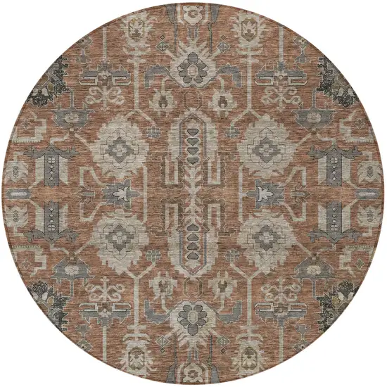 8' Brown Gray And Charcoal Round Oriental Washable Indoor Outdoor Area Rug Photo 6