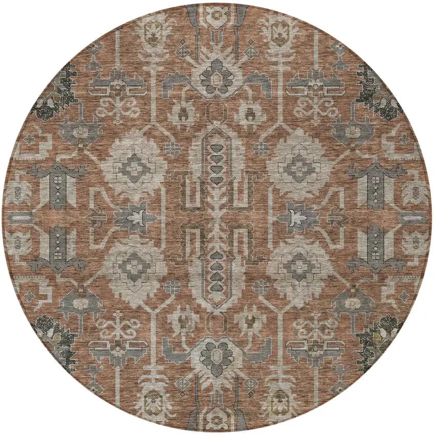 8' Brown Gray And Charcoal Round Oriental Washable Indoor Outdoor Area Rug Photo 6