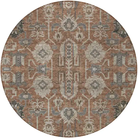 8' Brown Gray And Charcoal Round Oriental Washable Indoor Outdoor Area Rug Photo 6