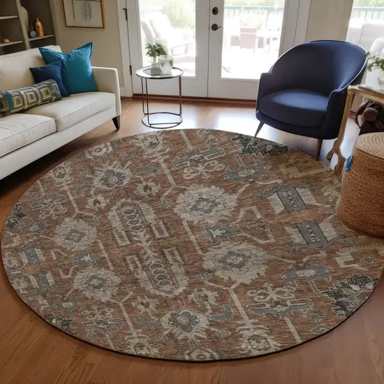 8' Brown Gray And Charcoal Round Oriental Washable Indoor Outdoor Area Rug Photo 8