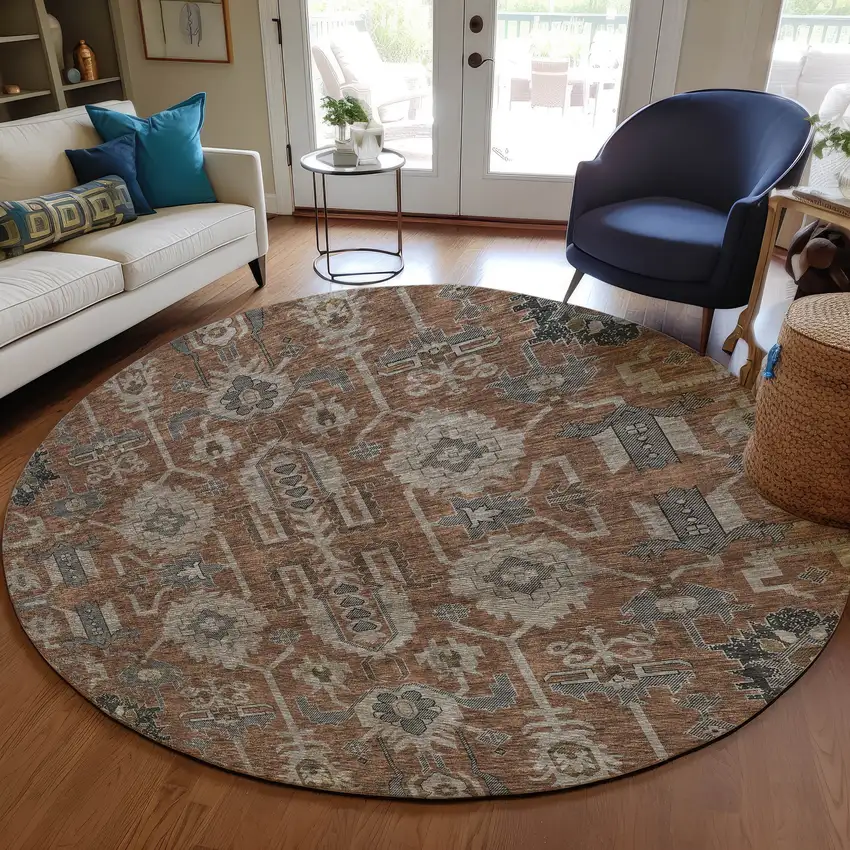 8' Brown Gray And Charcoal Round Oriental Washable Indoor Outdoor Area Rug Photo 8