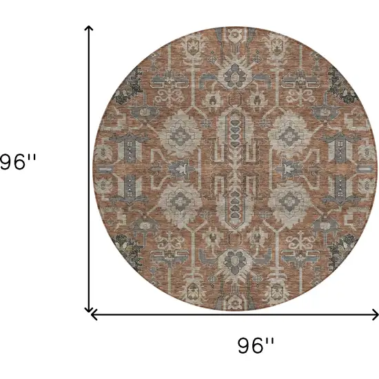 8' Brown Gray And Charcoal Round Oriental Washable Indoor Outdoor Area Rug Photo 9