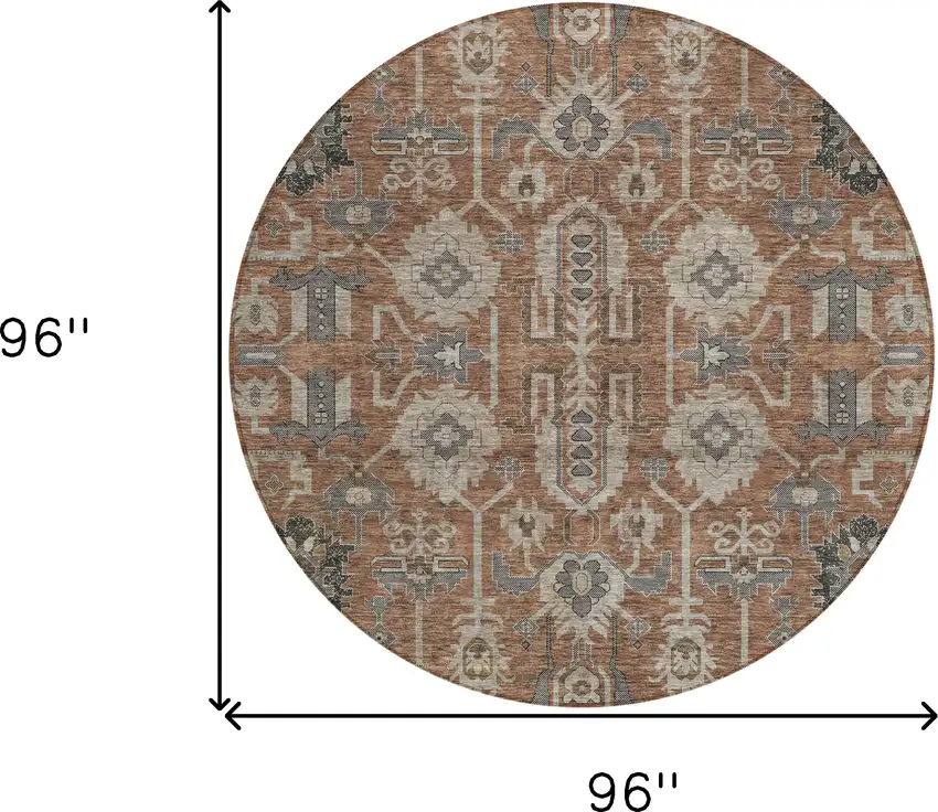 8' Brown Gray And Charcoal Round Oriental Washable Indoor Outdoor Area Rug Photo 9