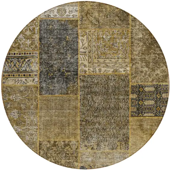 8' Brown Gray And Charcoal Round Patchwork Washable Indoor Outdoor Area Rug Photo 2