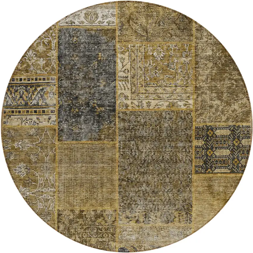 8' Brown Gray And Charcoal Round Patchwork Washable Indoor Outdoor Area Rug Photo 2
