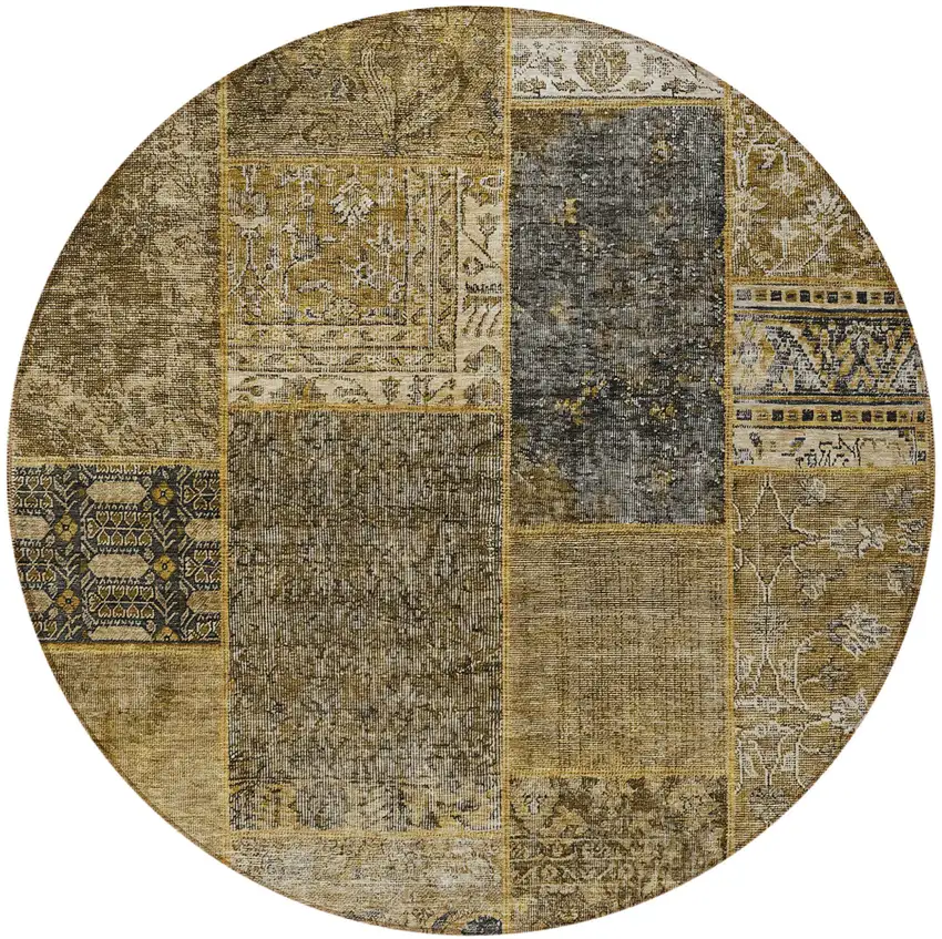 8' Brown Gray And Charcoal Round Patchwork Washable Indoor Outdoor Area Rug Photo 6