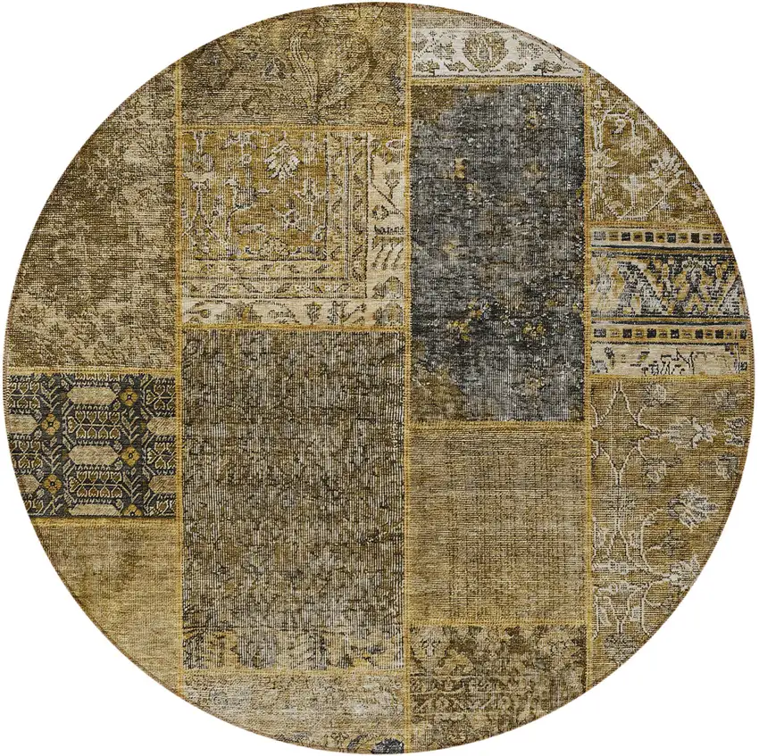 8' Brown Gray And Charcoal Round Patchwork Washable Indoor Outdoor Area Rug Photo 6