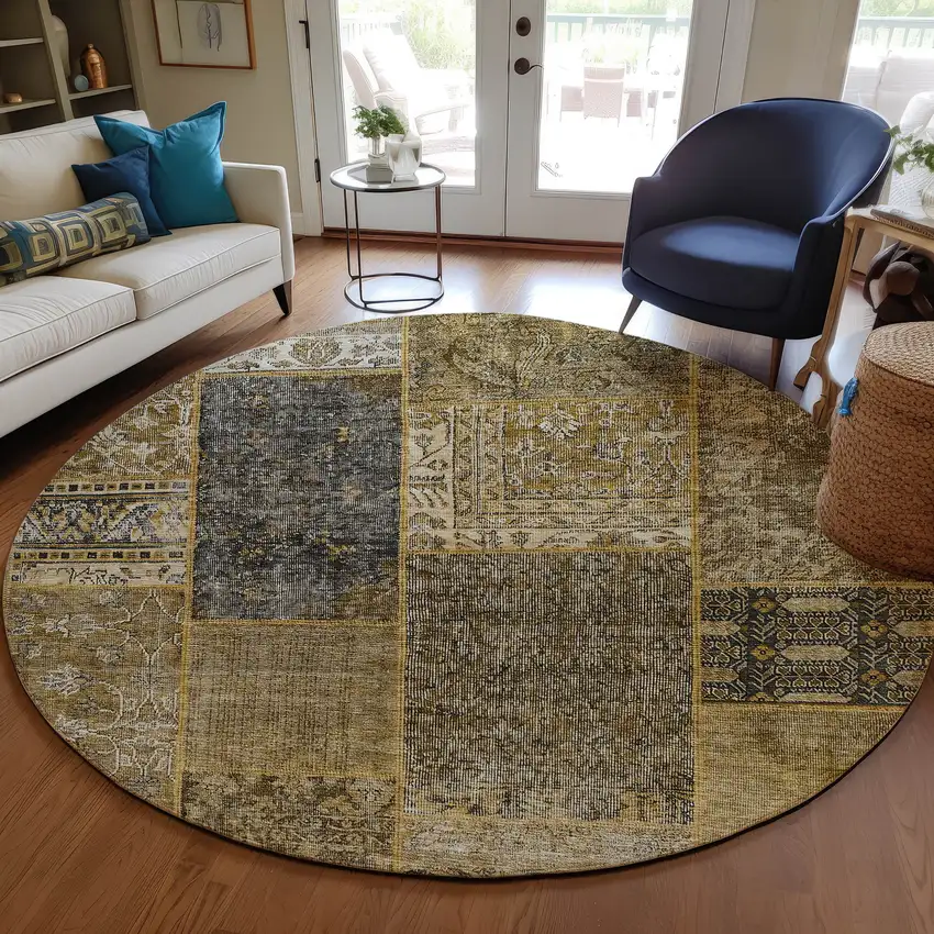 8' Brown Gray And Charcoal Round Patchwork Washable Indoor Outdoor Area Rug Photo 8