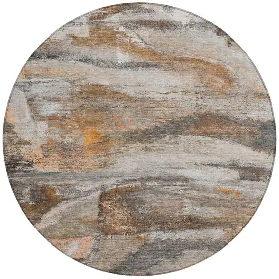 8' Brown Gray And Copper Round Abstract Washable Indoor Outdoor Area Rug Photo 3