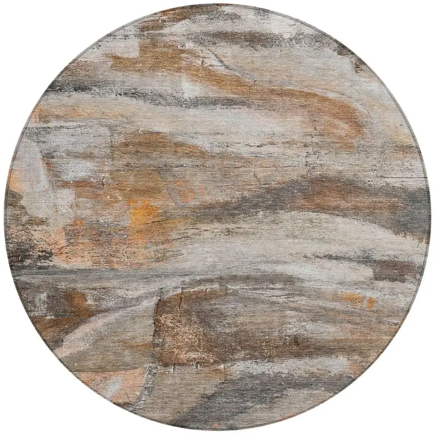 8' Brown Gray And Copper Round Abstract Washable Indoor Outdoor Area Rug Photo 3