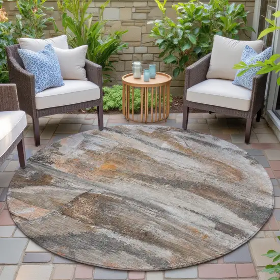 8' Brown Gray And Copper Round Abstract Washable Indoor Outdoor Area Rug Photo 5
