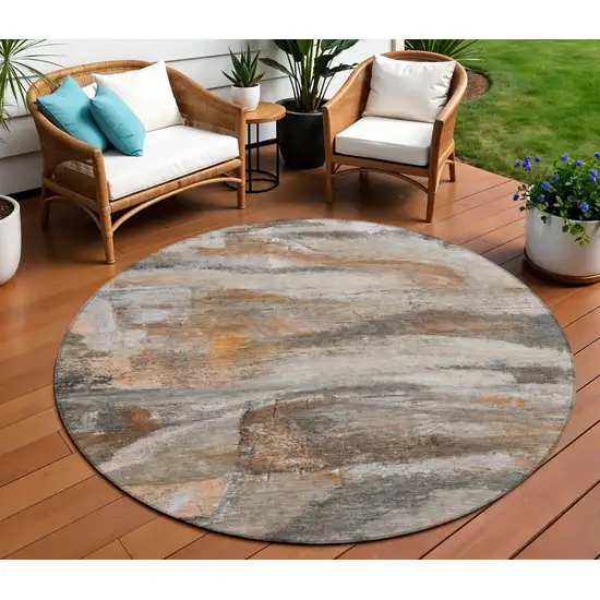 8' Brown Gray And Copper Round Abstract Washable Indoor Outdoor Area Rug Photo 2