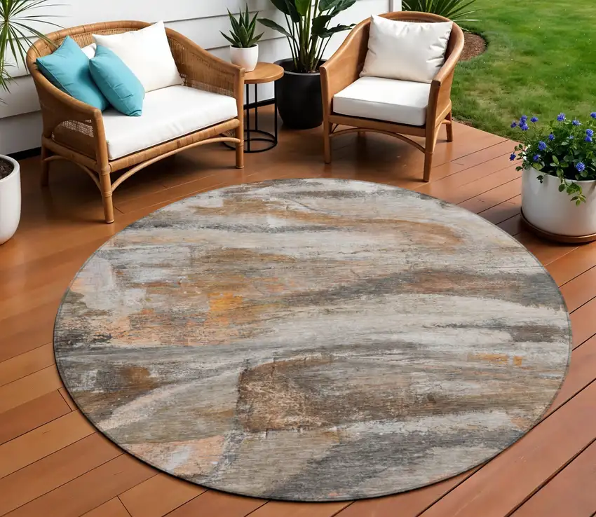 8' Brown Gray And Copper Round Abstract Washable Indoor Outdoor Area Rug Photo 2