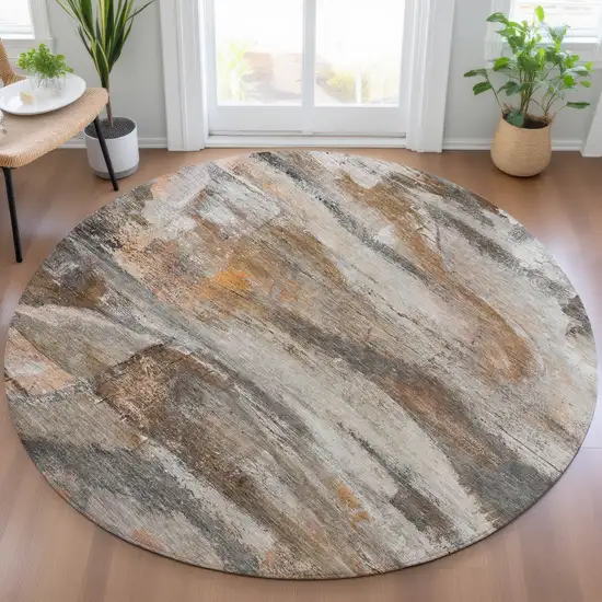 8' Brown Gray And Copper Round Abstract Washable Indoor Outdoor Area Rug Photo 6