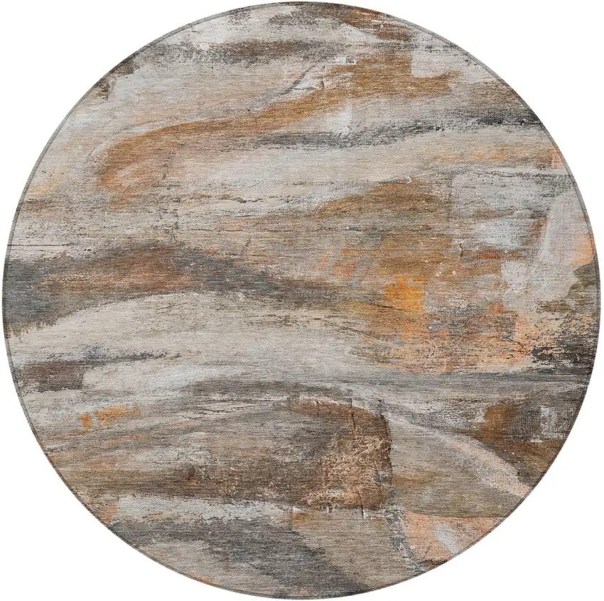 8' Brown Gray And Copper Round Abstract Washable Indoor Outdoor Area Rug Photo 4