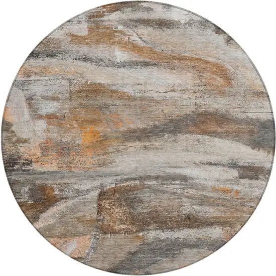 8' Brown Gray And Copper Round Abstract Washable Indoor Outdoor Area Rug Photo 1
