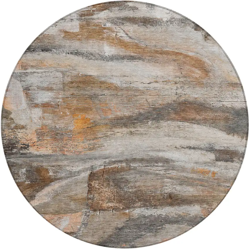 8' Brown Gray And Copper Round Abstract Washable Indoor Outdoor Area Rug Photo 1