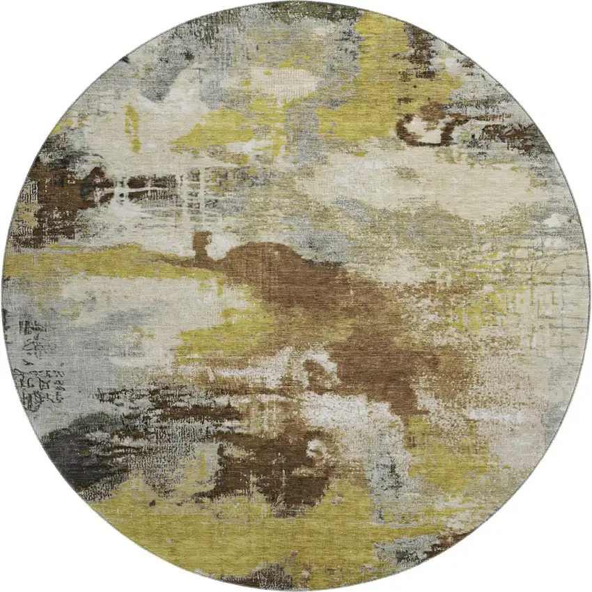 8' Brown Gray And Gold Abstract Washable Round Rug With UV Protection Photo 1