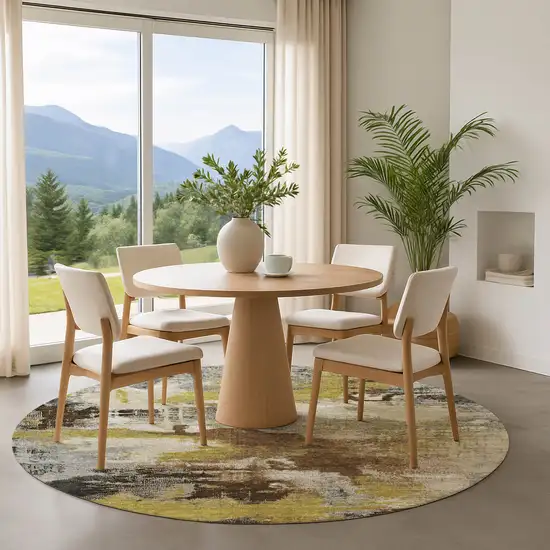 8' Brown Gray And Gold Abstract Washable Round Rug With UV Protection Photo 4