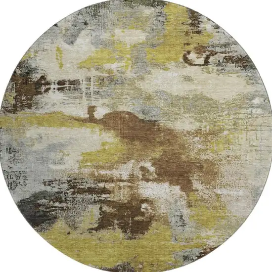 8' Brown Gray And Gold Abstract Washable Round Rug With UV Protection Photo 3