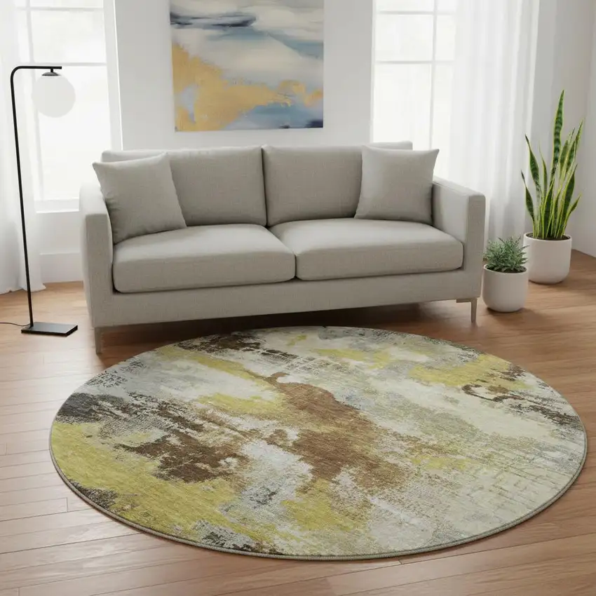8' Brown Gray And Gold Abstract Washable Round Rug With UV Protection Photo 2