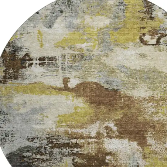 8' Brown Gray And Gold Abstract Washable Round Rug With UV Protection Photo 2