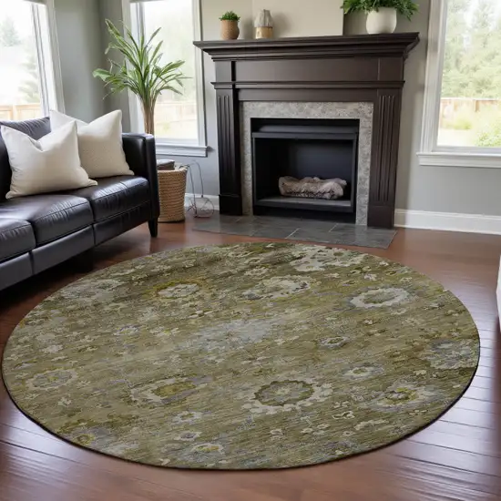 8' Brown Gray And Gold Floral Washable Round Rug With UV Protection Photo 4