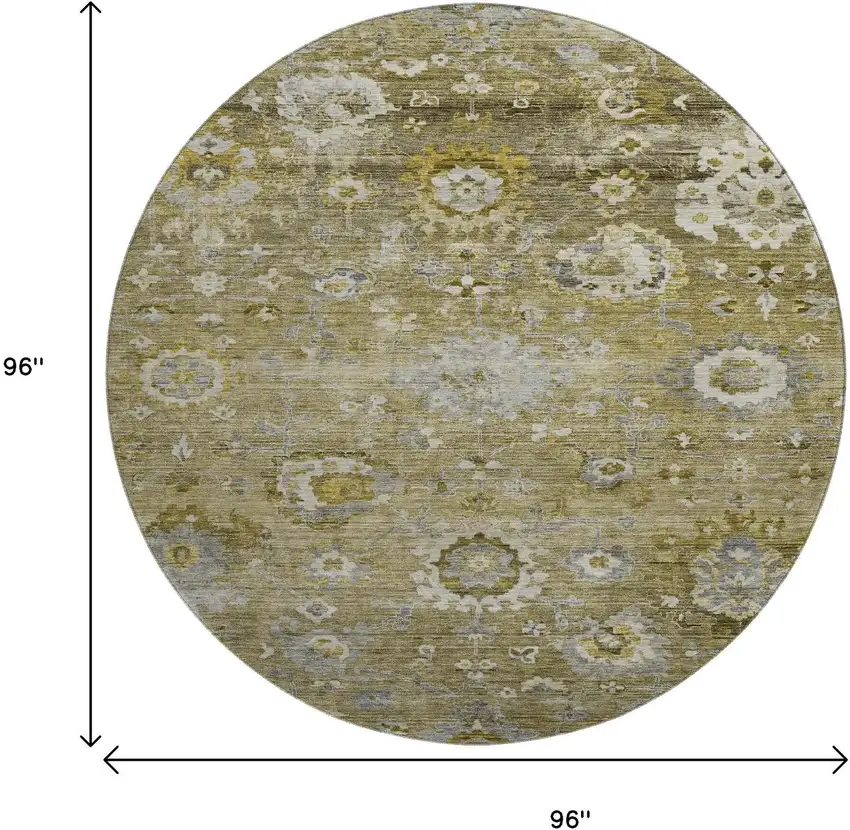 8' Brown Gray And Gold Floral Washable Round Rug With UV Protection Photo 9