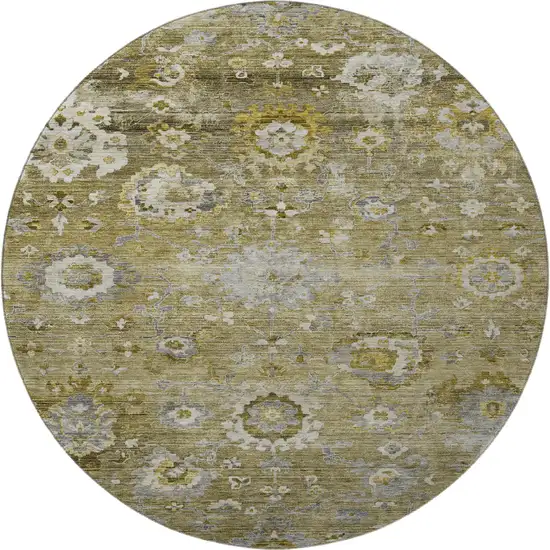 8' Brown Gray And Gold Floral Washable Round Rug With UV Protection Photo 3