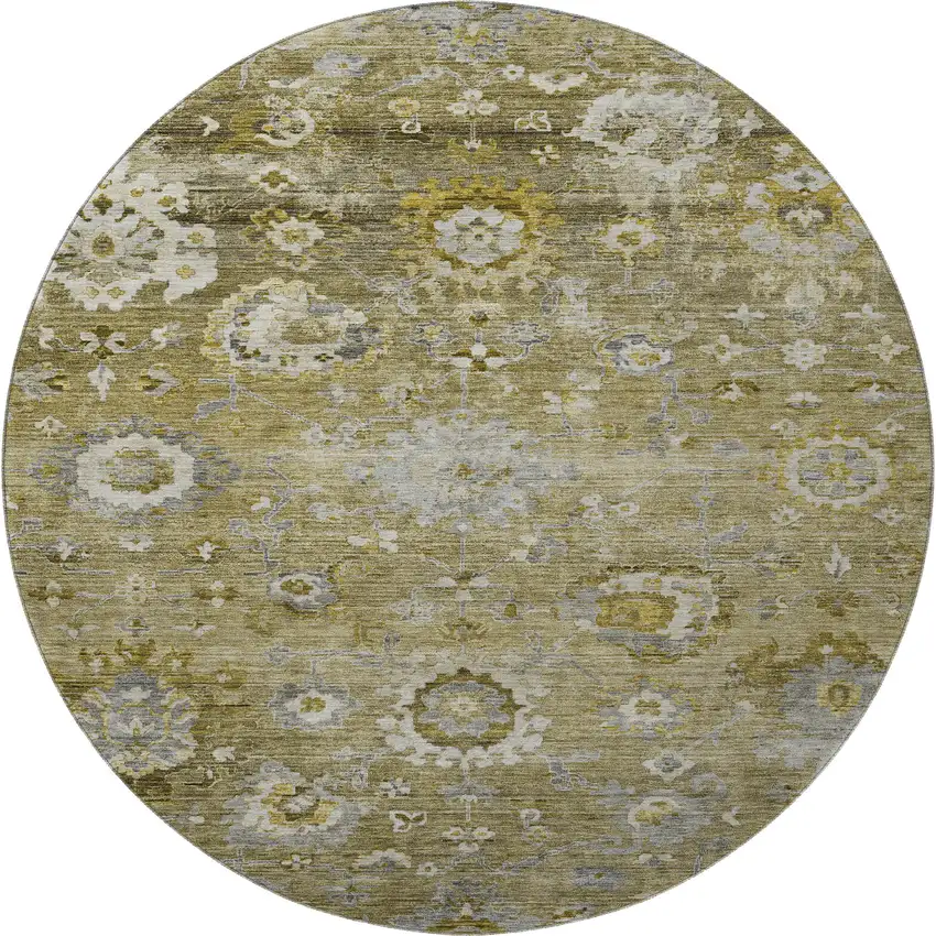 8' Brown Gray And Gold Floral Washable Round Rug With UV Protection Photo 3
