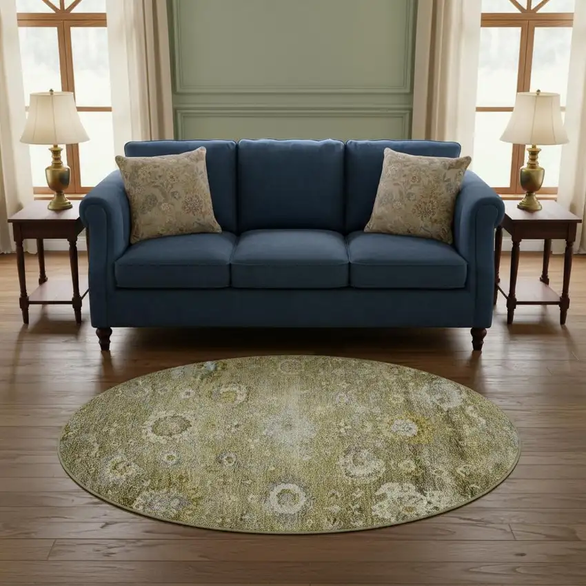 8' Brown Gray And Gold Floral Washable Round Rug With UV Protection Photo 2