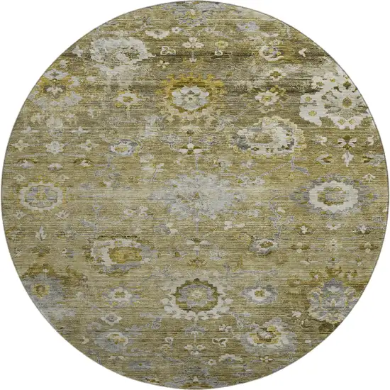 8' Brown Gray And Gold Floral Washable Round Rug With UV Protection Photo 1