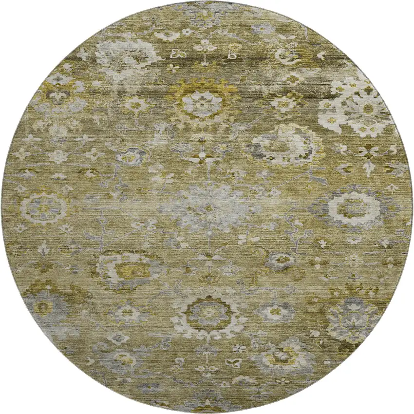 8' Brown Gray And Gold Floral Washable Round Rug With UV Protection Photo 1