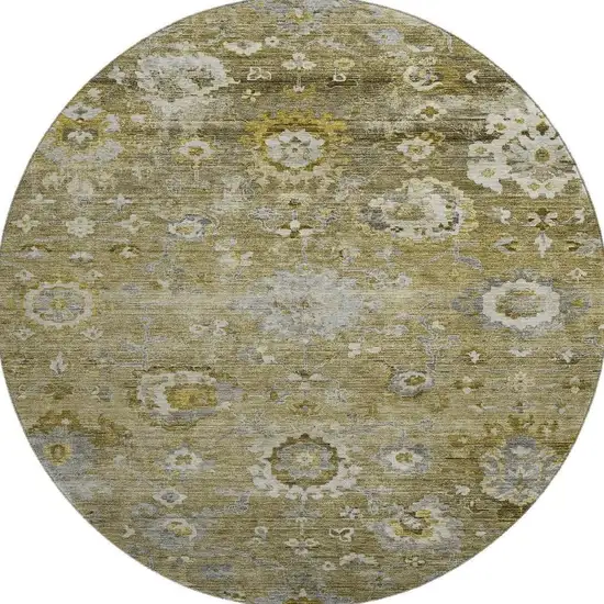 8' Brown Gray And Gold Floral Washable Round Rug With UV Protection Photo 2