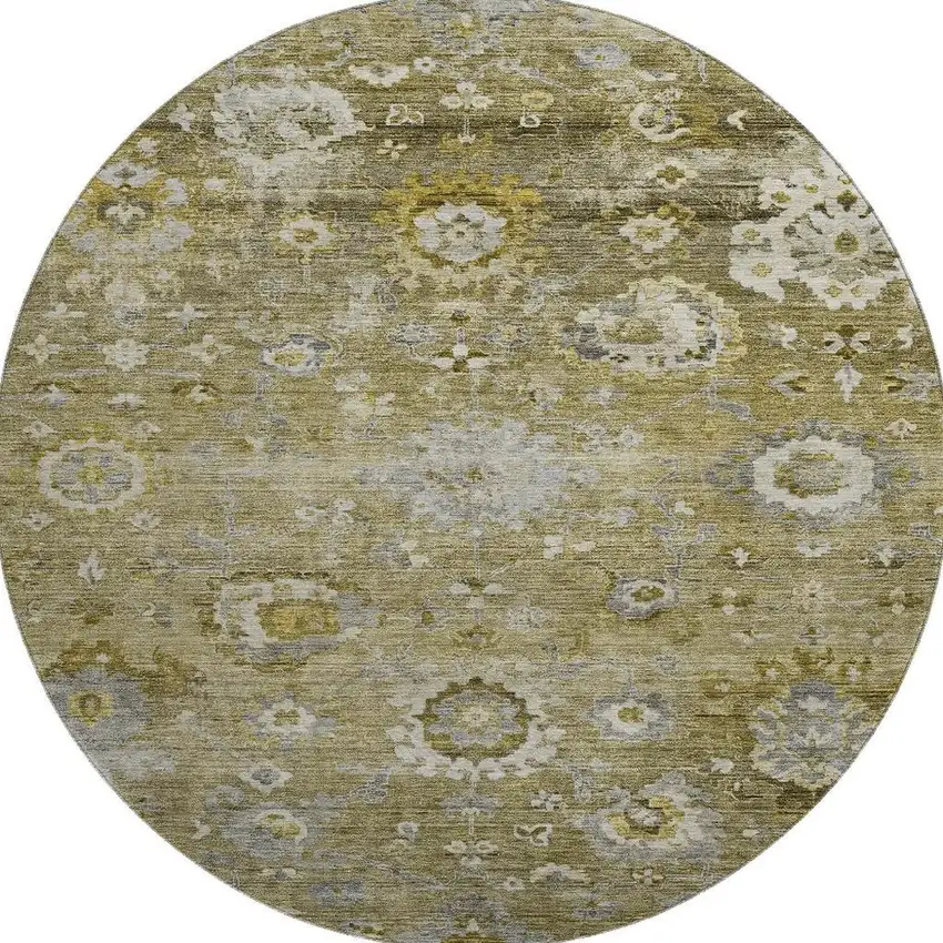 8' Brown Gray And Gold Floral Washable Round Rug With UV Protection Photo 2