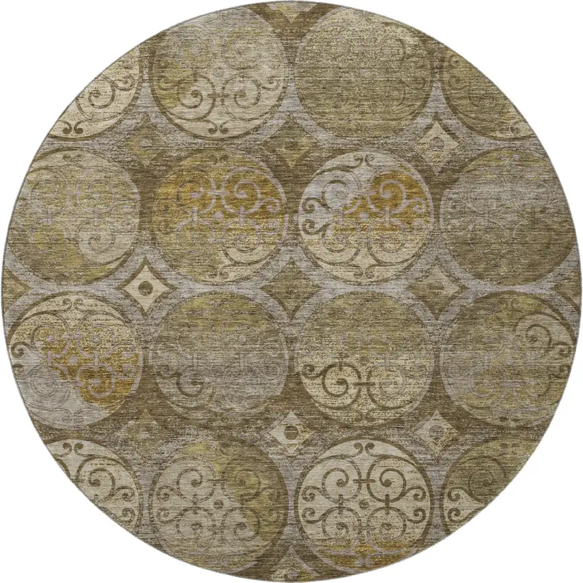 8' Brown Gray And Gold Medallion Washable Round Rug With UV Protection Photo 4