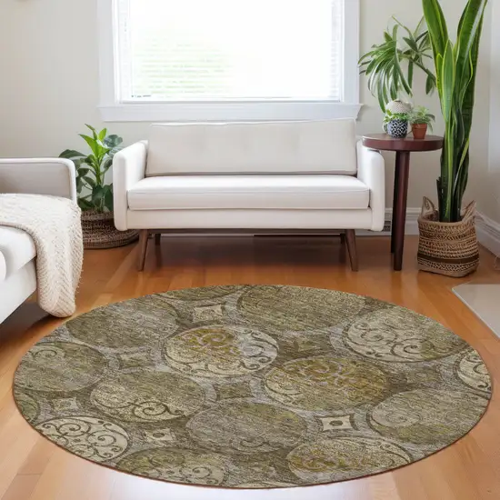 8' Brown Gray And Gold Medallion Washable Round Rug With UV Protection Photo 5
