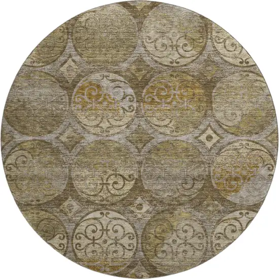 8' Brown Gray And Gold Medallion Washable Round Rug With UV Protection Photo 1