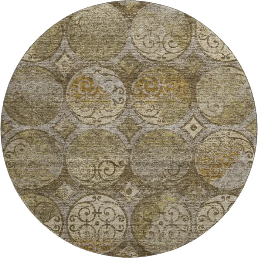 8' Brown Gray And Gold Medallion Washable Round Rug With UV Protection Photo 1