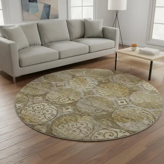 8' Brown Gray And Gold Medallion Washable Round Rug With UV Protection Photo 2