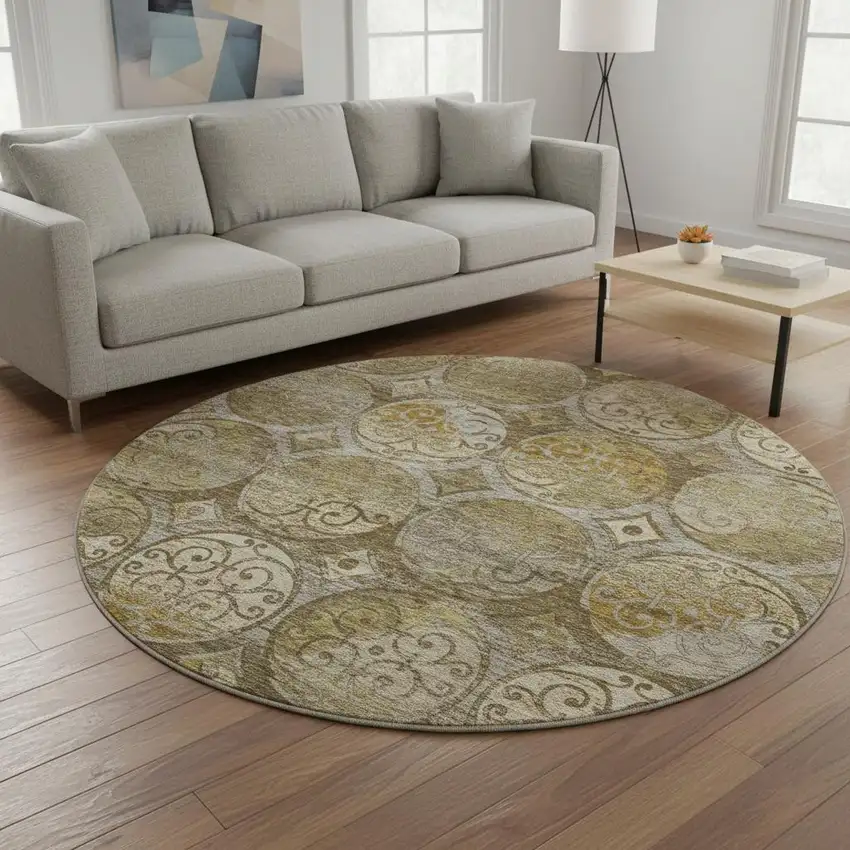 8' Brown Gray And Gold Medallion Washable Round Rug With UV Protection Photo 2