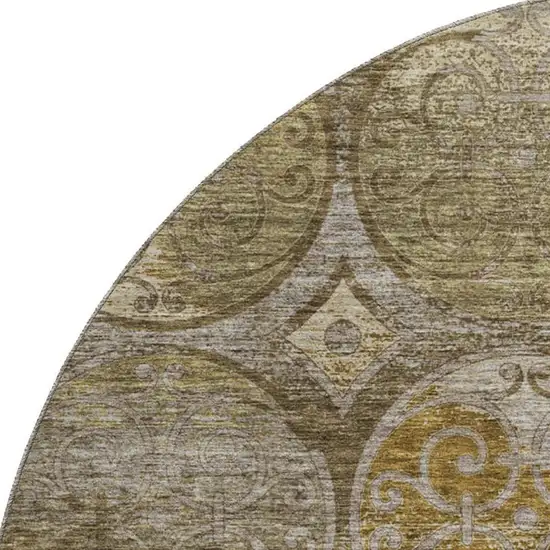8' Brown Gray And Gold Medallion Washable Round Rug With UV Protection Photo 3