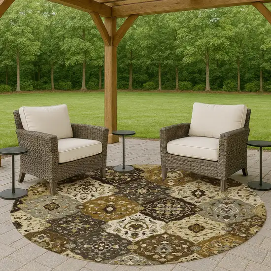 8' Brown Gray And Gold Round Floral Medallion Washable Indoor Outdoor Area Rug Photo 8