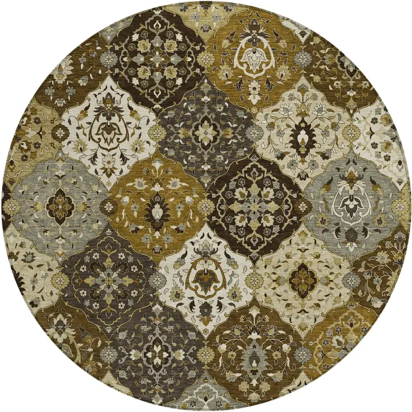 8' Brown Gray And Gold Round Floral Medallion Washable Indoor Outdoor Area Rug Photo 2