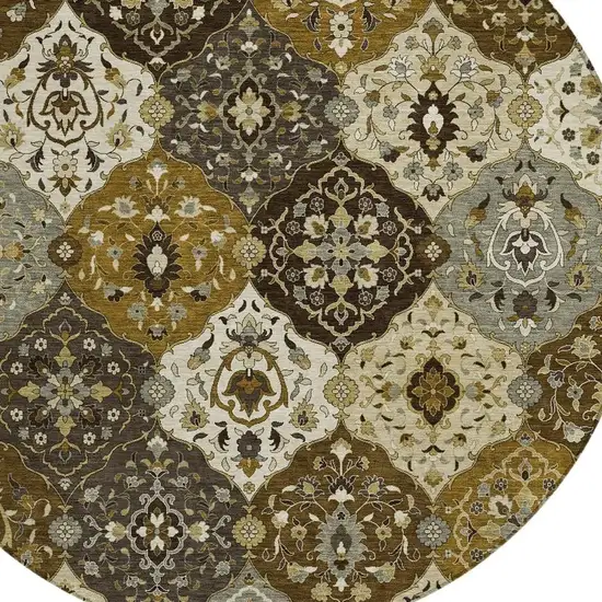 8' Brown Gray And Gold Round Floral Medallion Washable Indoor Outdoor Area Rug Photo 7