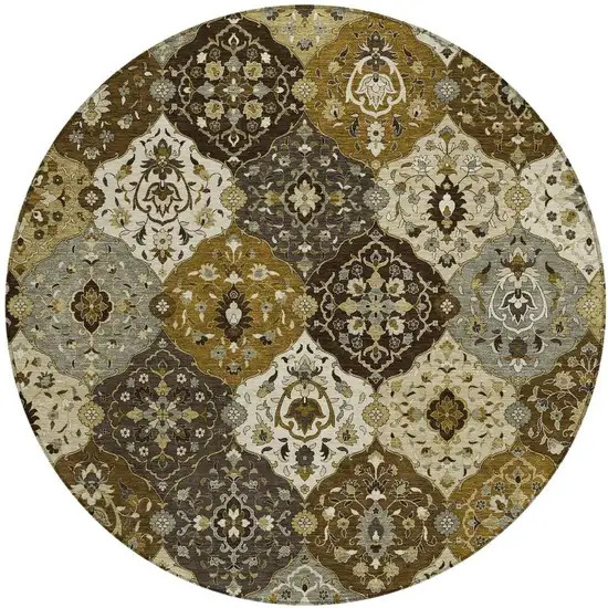 8' Brown Gray And Gold Round Floral Medallion Washable Indoor Outdoor Area Rug Photo 4