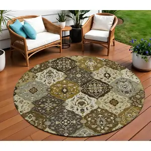Photo of 8' Brown Gray And Gold Round Floral Medallion Washable Indoor Outdoor Area Rug