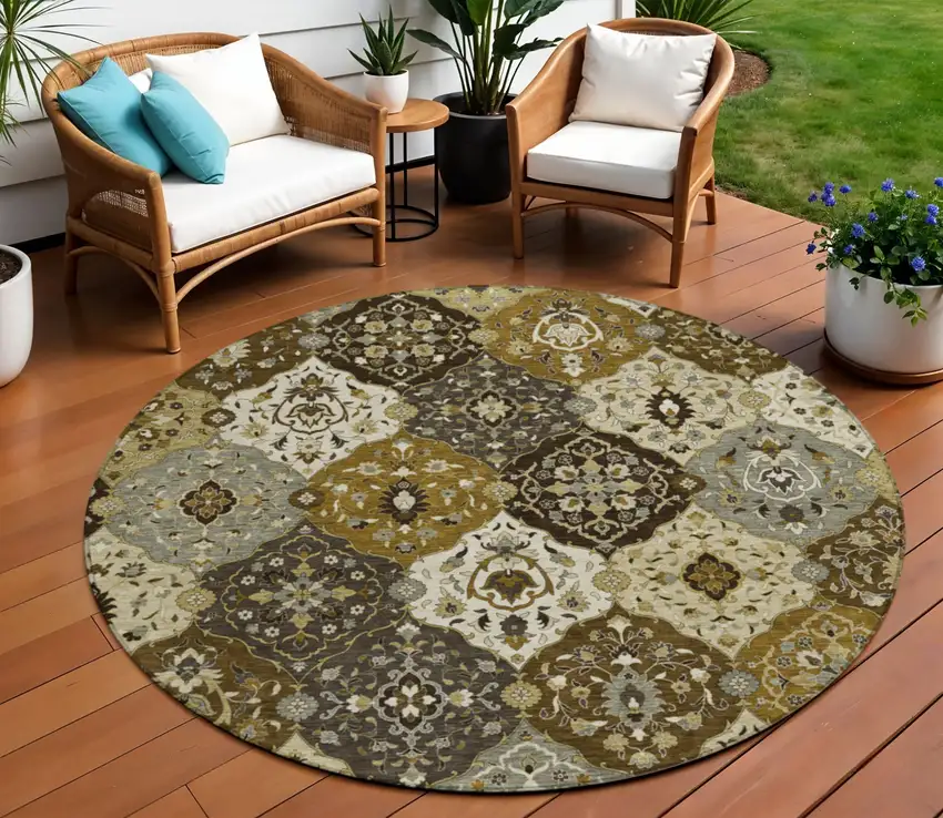 8' Brown Gray And Gold Round Floral Medallion Washable Indoor Outdoor Area Rug Photo 1