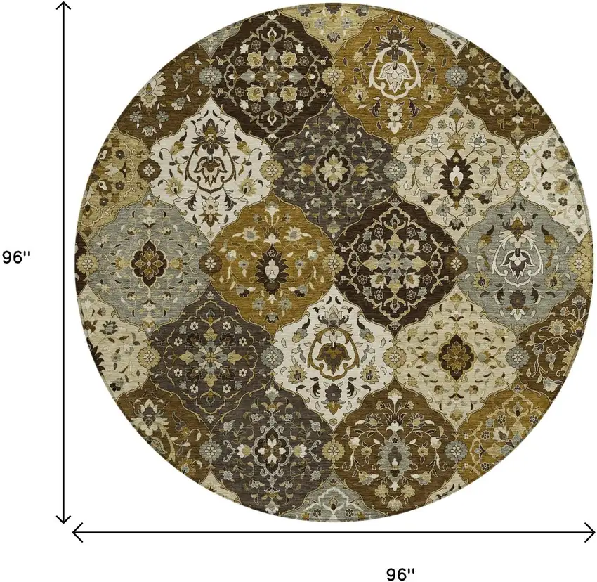 8' Brown Gray And Gold Round Floral Medallion Washable Indoor Outdoor Area Rug Photo 3