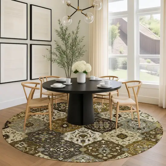 8' Brown Gray And Gold Round Floral Medallion Washable Indoor Outdoor Area Rug Photo 9